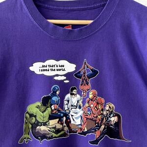 Jesus and Superheroes Graphic T-Shirt Sz. Large Novelty Faith Religion